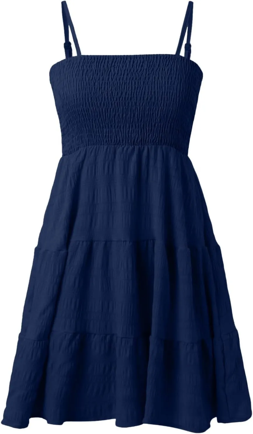 Women's Smocked Tiered Ruffle Cami Mini Dress Spaghetti Strap A Line Flowy Short Dress Casual Cute Summer Dresses