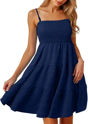 Women's Smocked Tiered Ruffle Cami Mini Dress Spaghetti Strap A Line Flowy Short Dress Casual Cute Summer Dresses