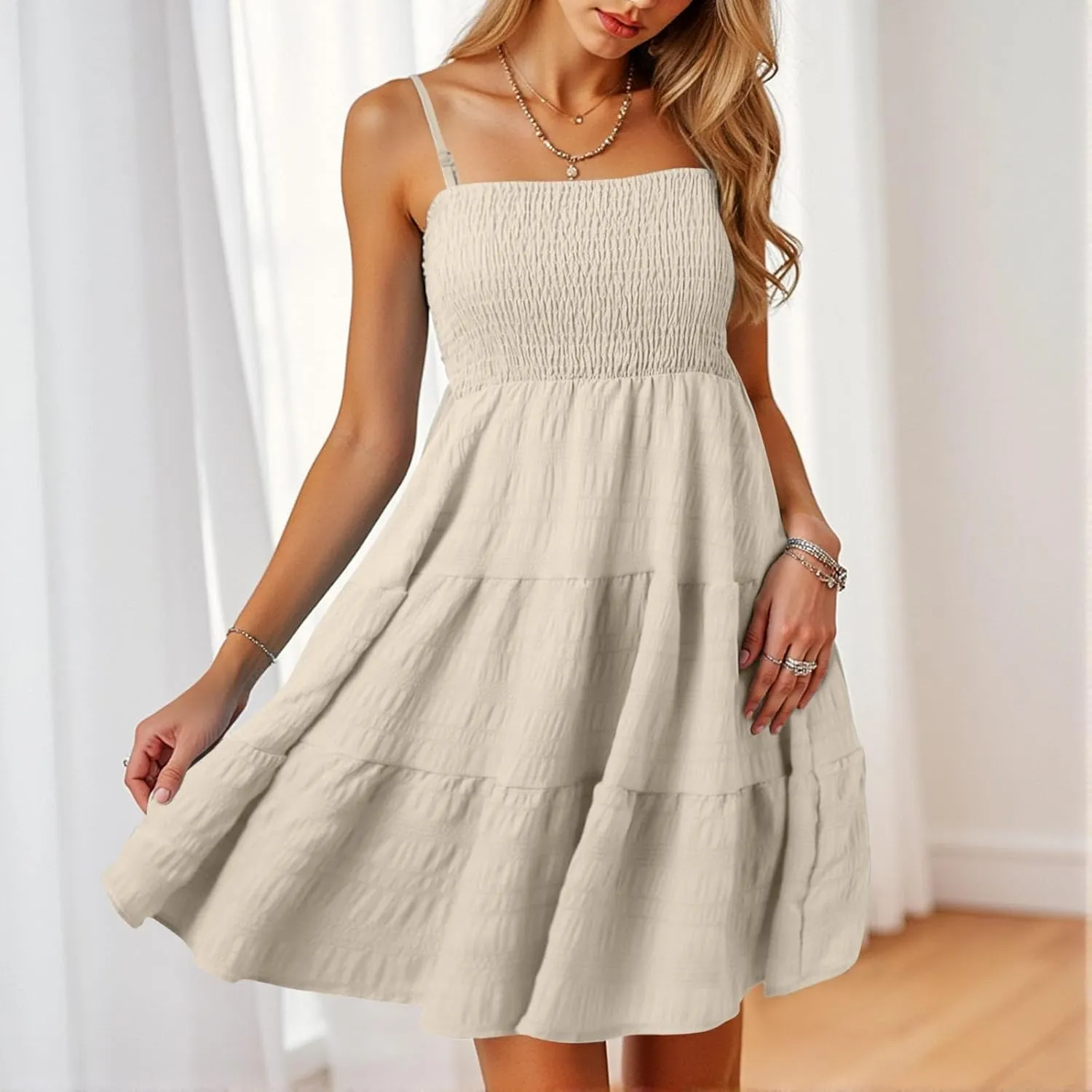 Women's Smocked Tiered Ruffle Cami Mini Dress Spaghetti Strap A Line Flowy Short Dress Casual Cute Summer Dresses