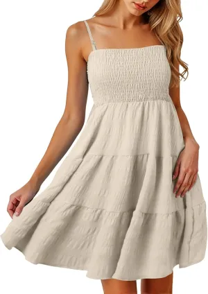 Women's Smocked Tiered Ruffle Cami Mini Dress Spaghetti Strap A Line Flowy Short Dress Casual Cute Summer Dresses