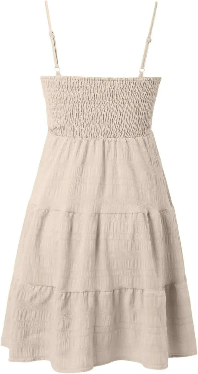 Women's Smocked Tiered Ruffle Cami Mini Dress Spaghetti Strap A Line Flowy Short Dress Casual Cute Summer Dresses