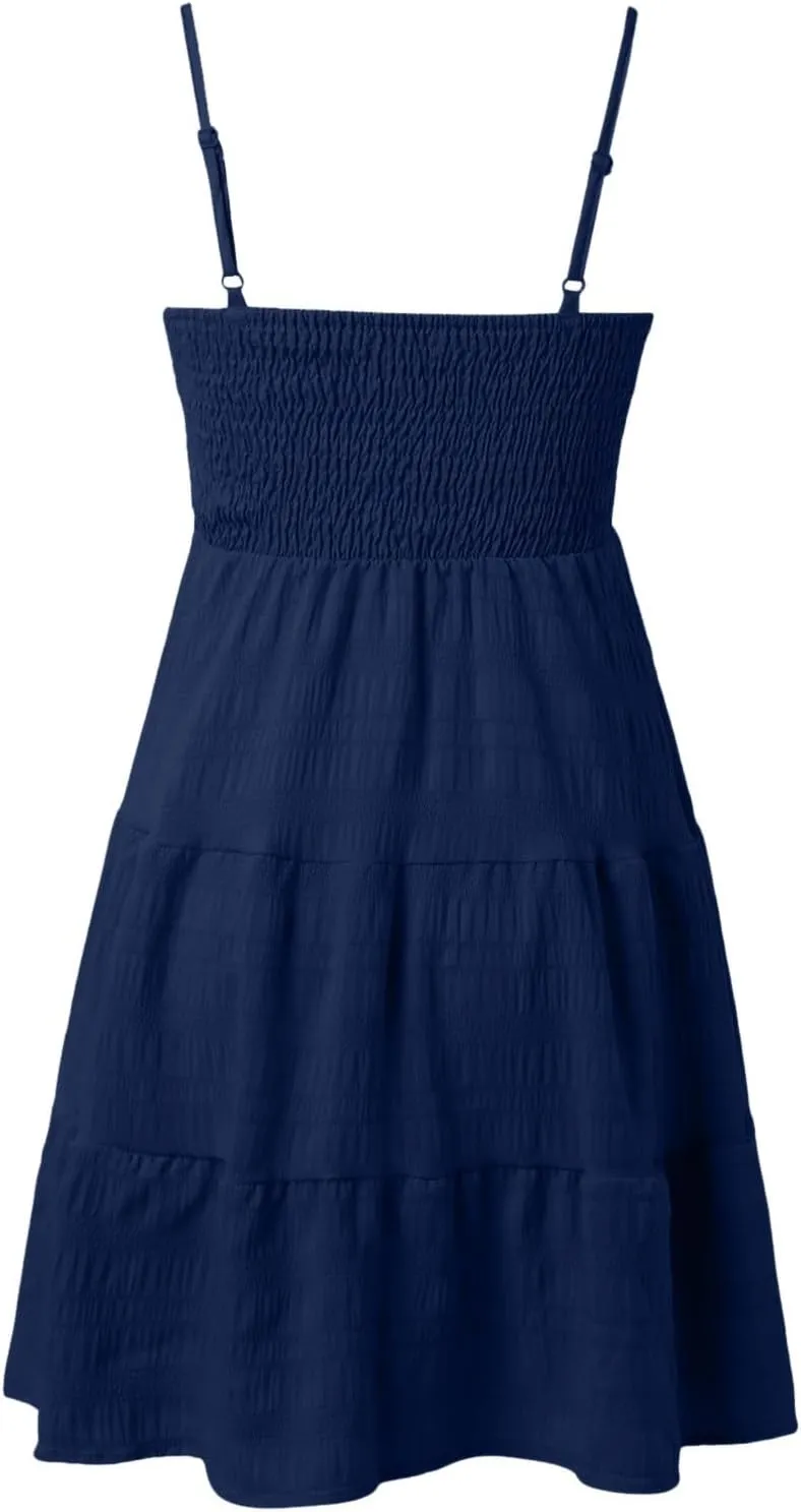 Women's Smocked Tiered Ruffle Cami Mini Dress Spaghetti Strap A Line Flowy Short Dress Casual Cute Summer Dresses