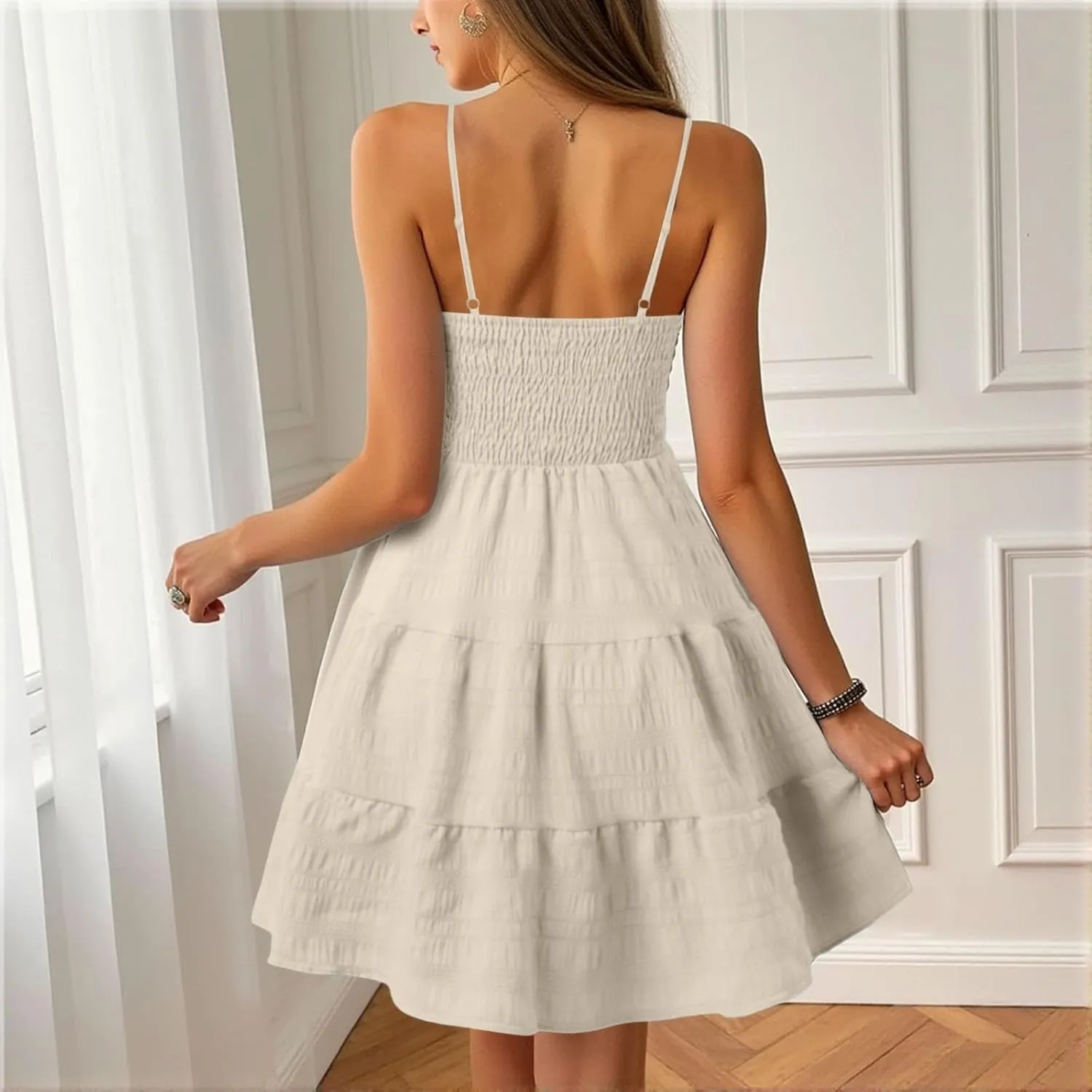 Women's Smocked Tiered Ruffle Cami Mini Dress Spaghetti Strap A Line Flowy Short Dress Casual Cute Summer Dresses