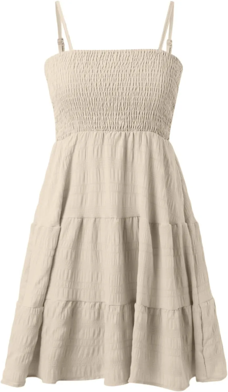 Women's Smocked Tiered Ruffle Cami Mini Dress Spaghetti Strap A Line Flowy Short Dress Casual Cute Summer Dresses