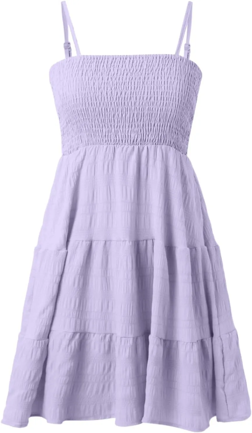 Women's Smocked Tiered Ruffle Cami Mini Dress Spaghetti Strap A Line Flowy Short Dress Casual Cute Summer Dresses