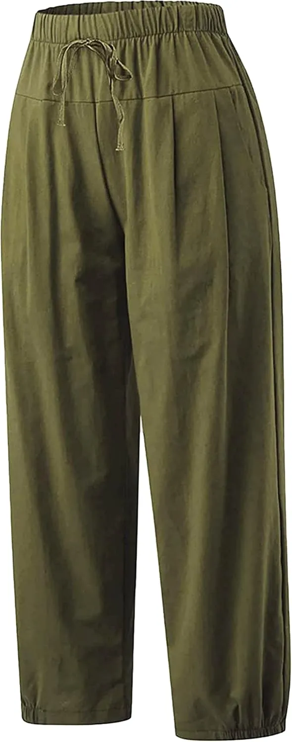 Women's Summer Capri Pants Elastic High Waist Drawstring Wide Leg Cotton Linen Work Pants with Pockets