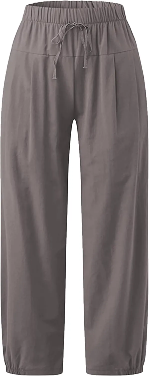 Women's Summer Capri Pants Elastic High Waist Drawstring Wide Leg Cotton Linen Work Pants with Pockets