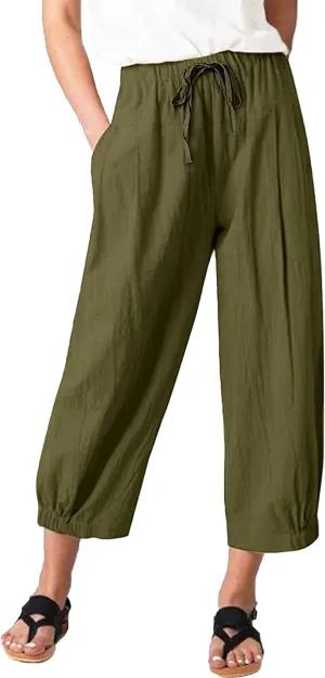 Women's Summer Capri Pants Elastic High Waist Drawstring Wide Leg Cotton Linen Work Pants with Pockets