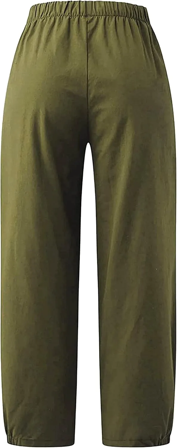 Women's Summer Capri Pants Elastic High Waist Drawstring Wide Leg Cotton Linen Work Pants with Pockets