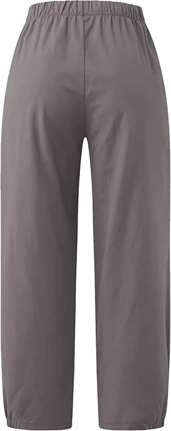 Women's Summer Capri Pants Elastic High Waist Drawstring Wide Leg Cotton Linen Work Pants with Pockets