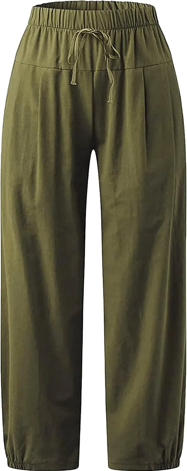 Women's Summer Capri Pants Elastic High Waist Drawstring Wide Leg Cotton Linen Work Pants with Pockets