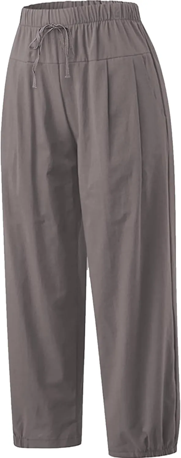 Women's Summer Capri Pants Elastic High Waist Drawstring Wide Leg Cotton Linen Work Pants with Pockets