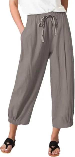 Women's Summer Capri Pants Elastic High Waist Drawstring Wide Leg Cotton Linen Work Pants with Pockets