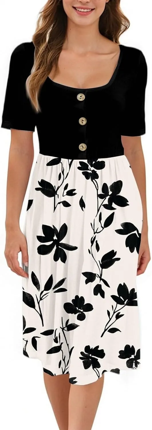 Women's Summer Floral Print Midi Dress with Short Sleeves Button Front Casual A-Line for Beach and Daily Wear