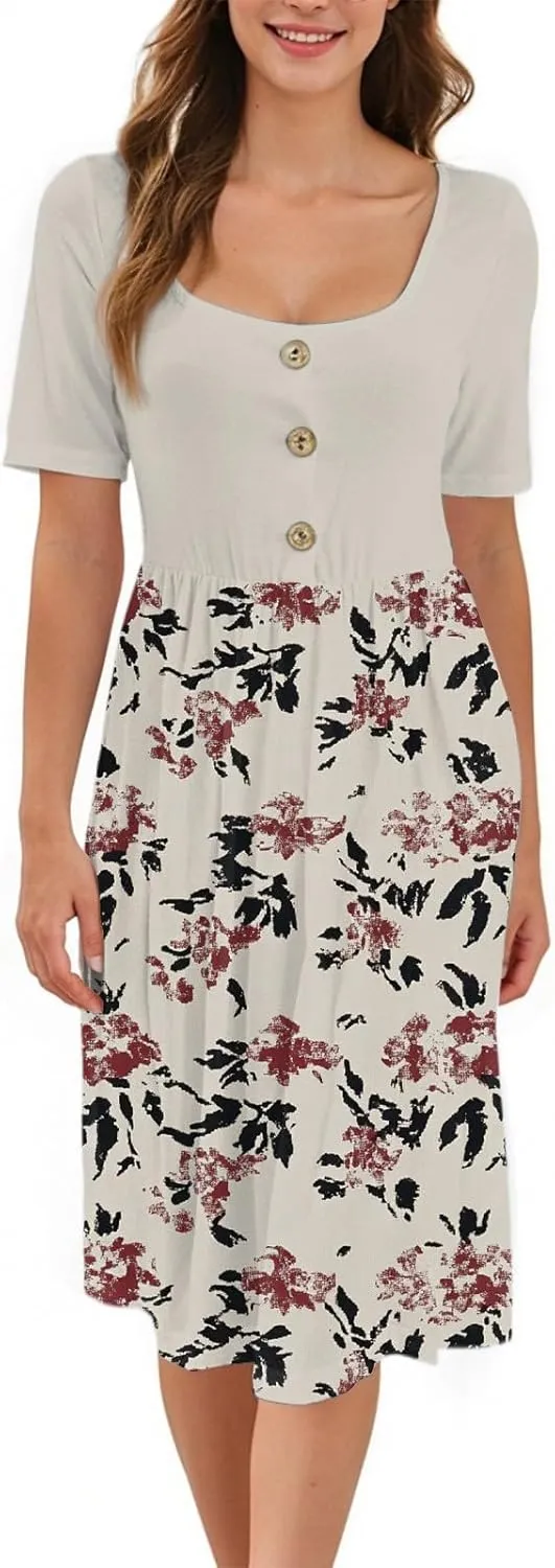 Women's Summer Floral Print Midi Dress with Short Sleeves Button Front Casual A-Line for Beach and Daily Wear