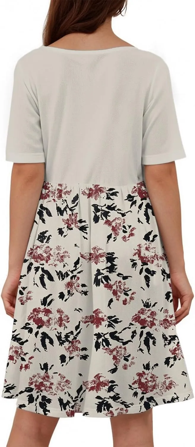 Women's Summer Floral Print Midi Dress with Short Sleeves Button Front Casual A-Line for Beach and Daily Wear