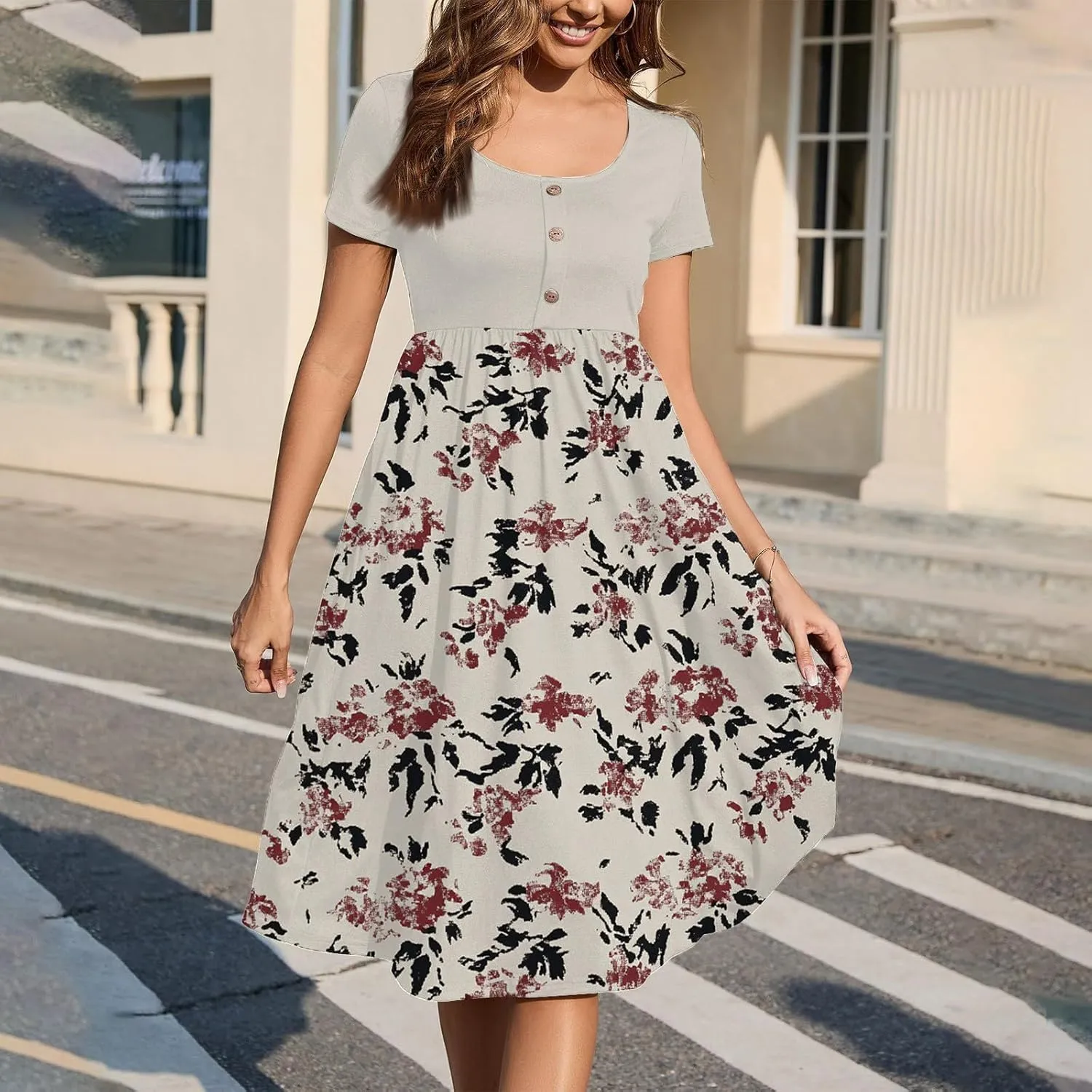 Women's Summer Floral Print Midi Dress with Short Sleeves Button Front Casual A-Line for Beach and Daily Wear