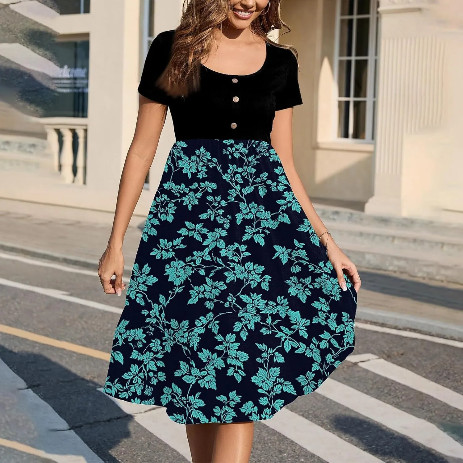 Women's Summer Floral Print Midi Dress with Short Sleeves Button Front Casual A-Line for Beach and Daily Wear