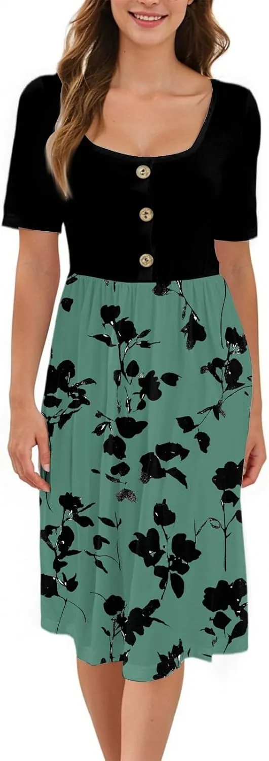 Women's Summer Floral Print Midi Dress with Short Sleeves Button Front Casual A-Line for Beach and Daily Wear