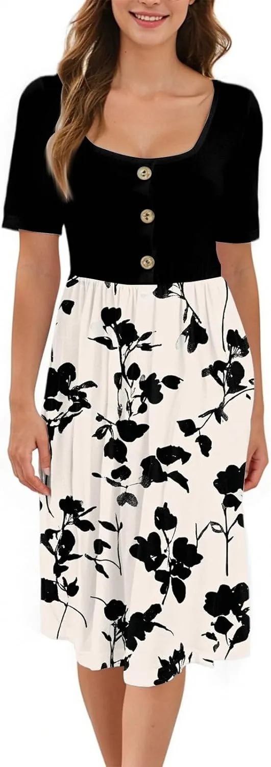 Women's Summer Floral Print Midi Dress with Short Sleeves Button Front Casual A-Line for Beach and Daily Wear