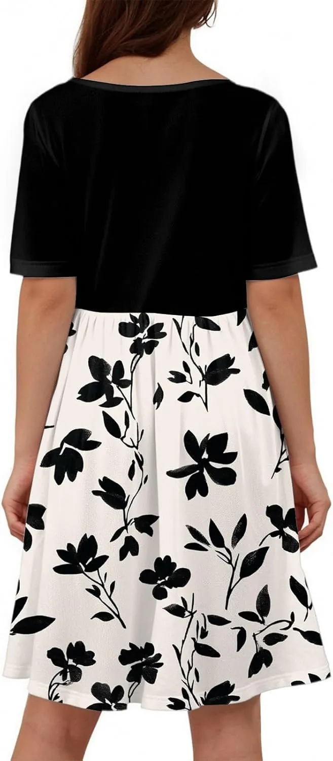 Women's Summer Floral Print Midi Dress with Short Sleeves Button Front Casual A-Line for Beach and Daily Wear