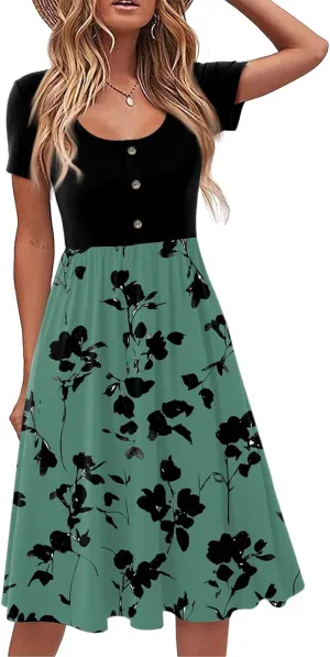 Women's Summer Floral Print Midi Dress with Short Sleeves Button Front Casual A-Line for Beach and Daily Wear
