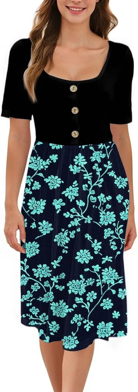 Women's Summer Floral Print Midi Dress with Short Sleeves Button Front Casual A-Line for Beach and Daily Wear