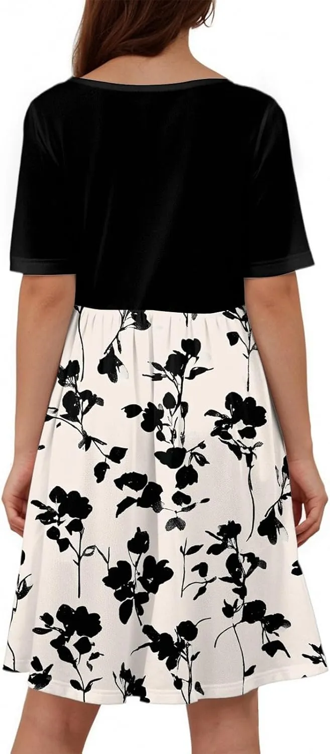 Women's Summer Floral Print Midi Dress with Short Sleeves Button Front Casual A-Line for Beach and Daily Wear