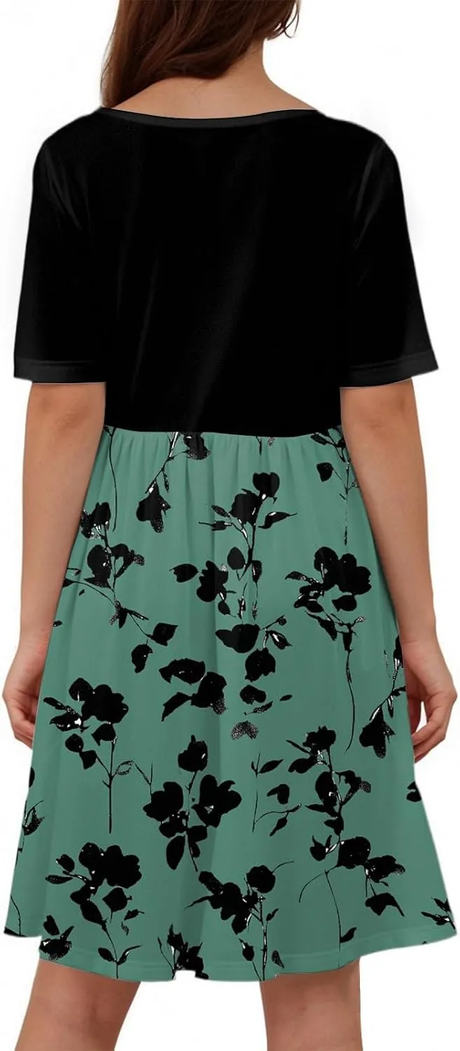 Women's Summer Floral Print Midi Dress with Short Sleeves Button Front Casual A-Line for Beach and Daily Wear