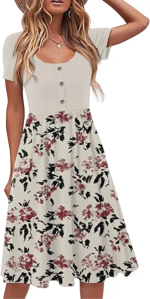 Women's Summer Floral Print Midi Dress with Short Sleeves Button Front Casual A-Line for Beach and Daily Wear