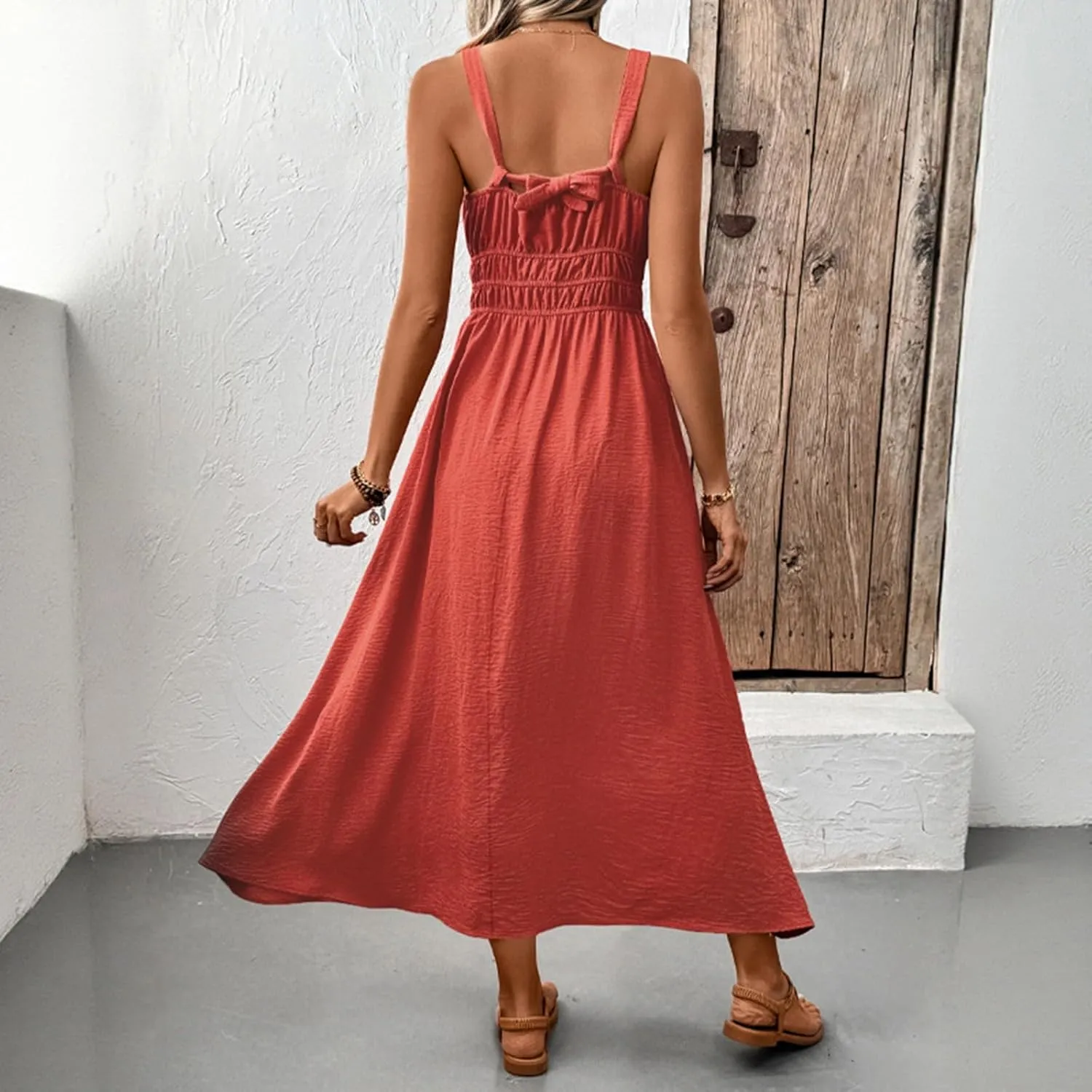Women's Summer Sleeveless Maxi Dress with Smocked Waist Casual Beach Sundress for Vacation and Daily Wear
