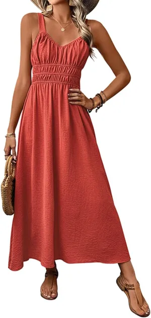 Women's Summer Sleeveless Maxi Dress with Smocked Waist Casual Beach Sundress for Vacation and Daily Wear