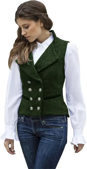 Women's Vest Herringbone Tweed Formal Double Breasted Dressy Waistcoat Sleeveless Jacket