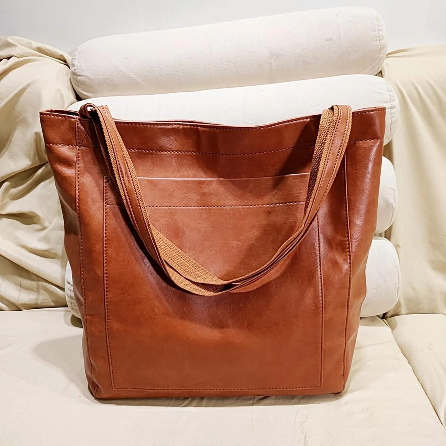 Women'S Vintage Soft Leather Tote Bag with Pocket Spacious and Stylish Handbag for Shoulder (Light Brown)