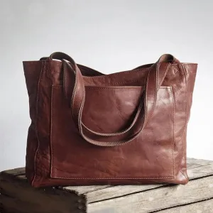 Women'S Vintage Soft Leather Tote Bag with Pocket Spacious and Stylish Handbag for Shoulder (Light Brown)