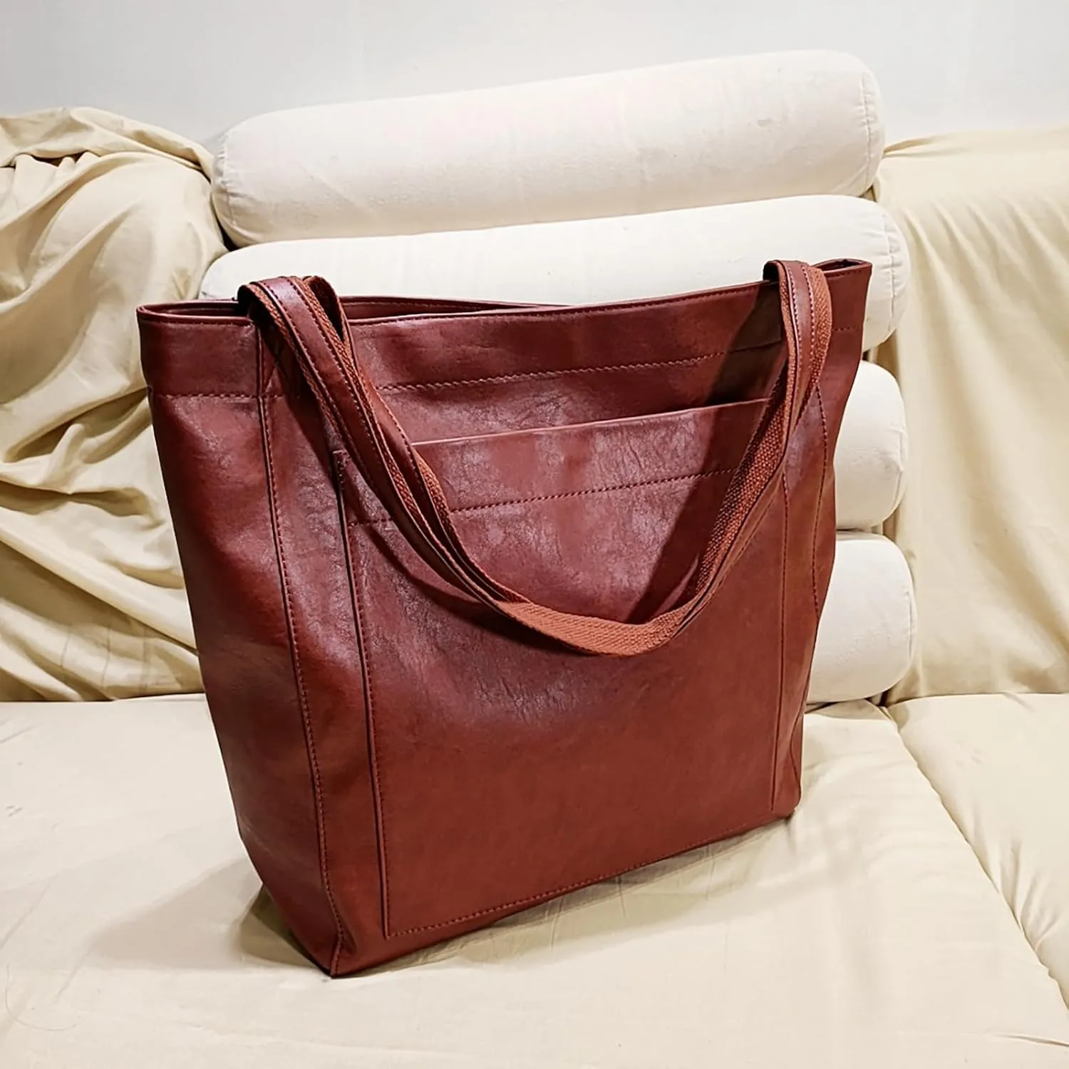 Women'S Vintage Soft Leather Tote Bag with Pocket Spacious and Stylish Handbag for Shoulder (Light Brown)