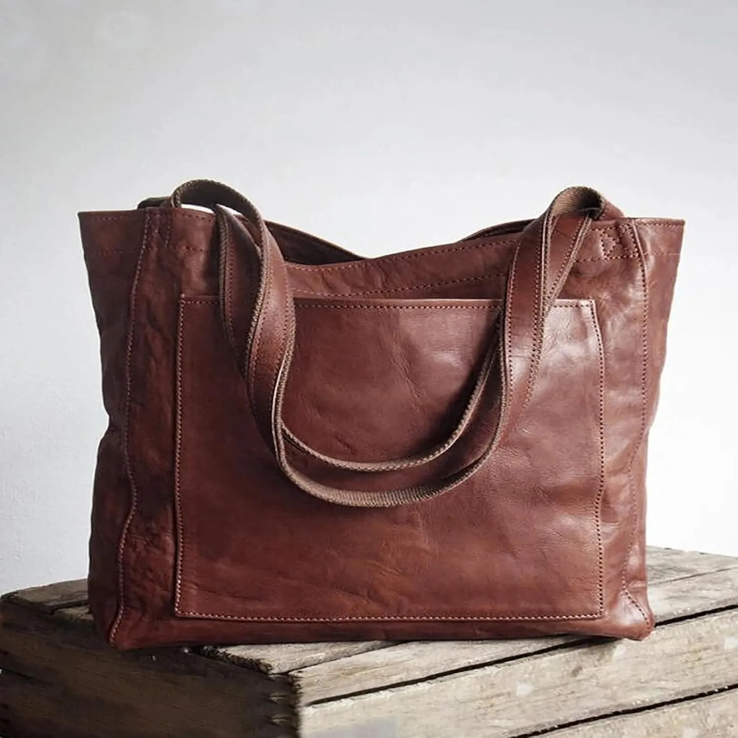 Women'S Vintage Soft Leather Tote Bag with Pocket Spacious and Stylish Handbag for Shoulder (Light Brown)