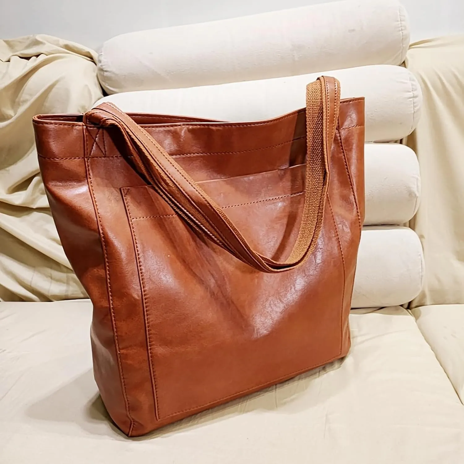 Women'S Vintage Soft Leather Tote Bag with Pocket Spacious and Stylish Handbag for Shoulder (Light Brown)