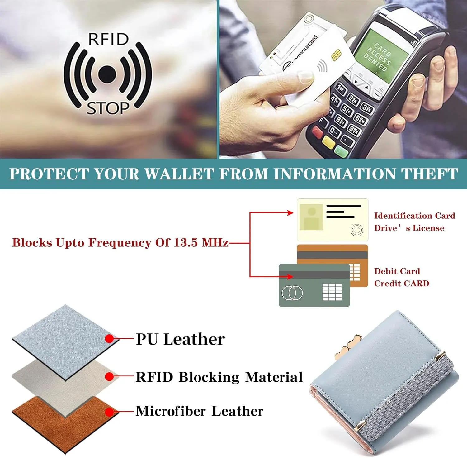 Womens Wallet Leather Small Compact Trifold RFID Blocking Credit Card Case Mini Ladies Purse with ID Window