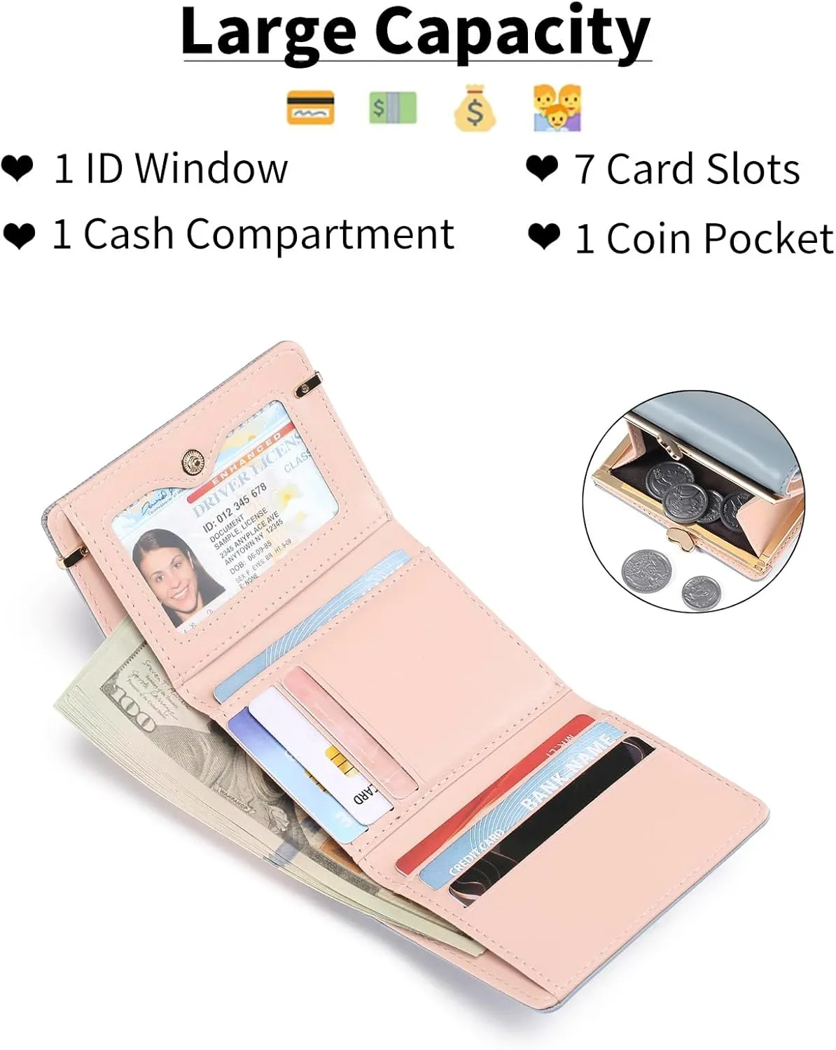 Womens Wallet Leather Small Compact Trifold RFID Blocking Credit Card Case Mini Ladies Purse with ID Window