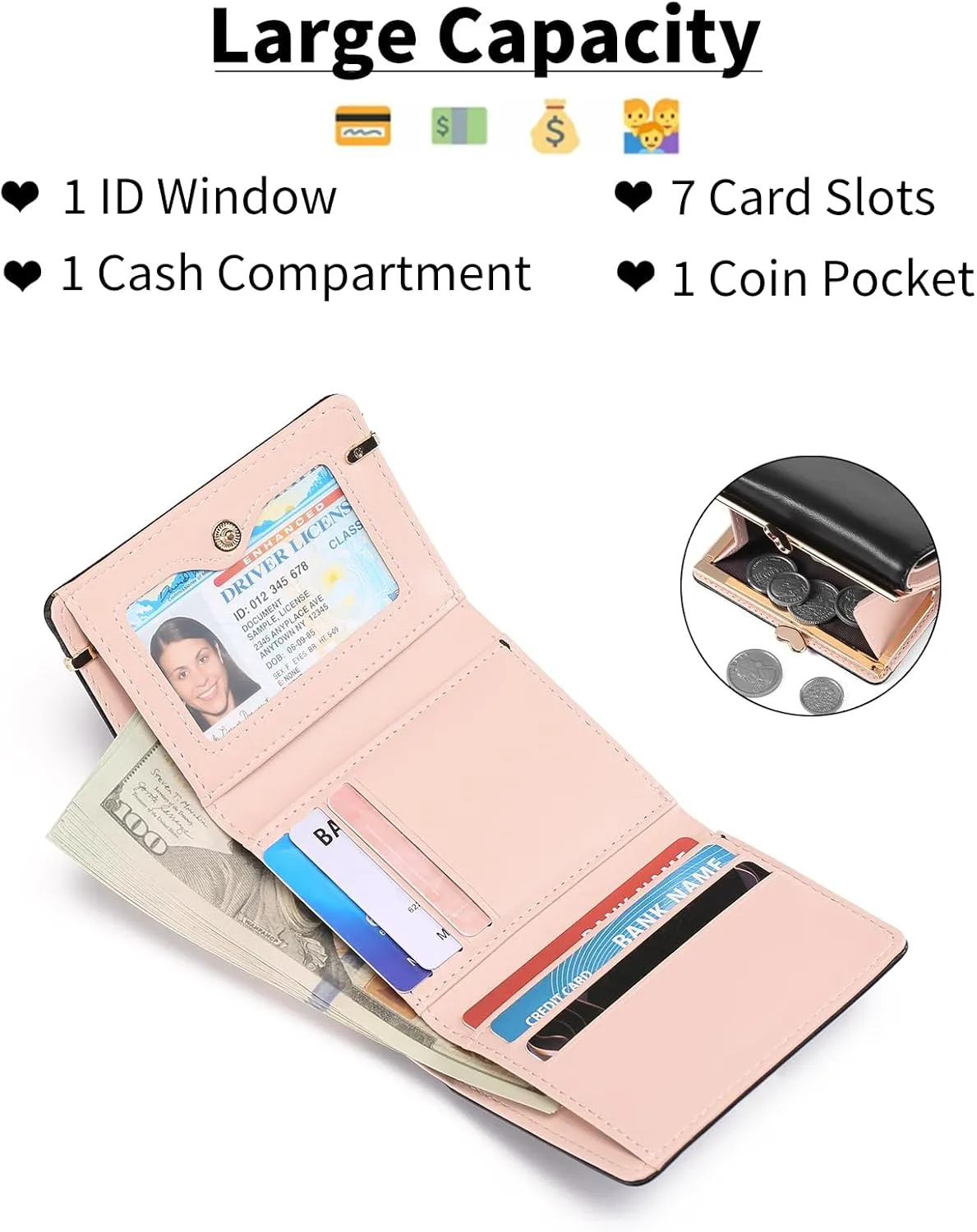Womens Wallet Leather Small Compact Trifold RFID Blocking Credit Card Case Mini Ladies Purse with ID Window
