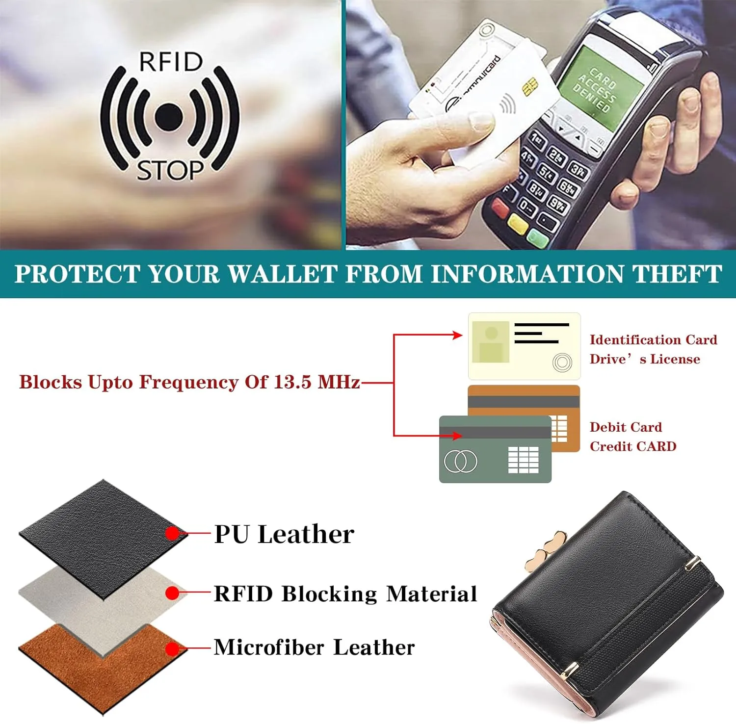Womens Wallet Leather Small Compact Trifold RFID Blocking Credit Card Case Mini Ladies Purse with ID Window
