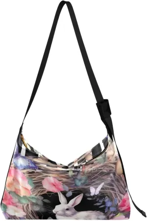 Wreath Easter Bunny Leather Hobo Bag for Women Men Casual Shoulder Bag with Adjustable Strap Large Capacity Crossbody Handbag