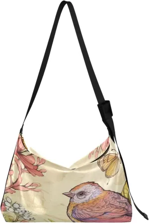 xigua Bird and Flowers Shoulder Bag for Women Waterproof PU Leather Hobo Bags Crossbody Purse with Zipper Closure
