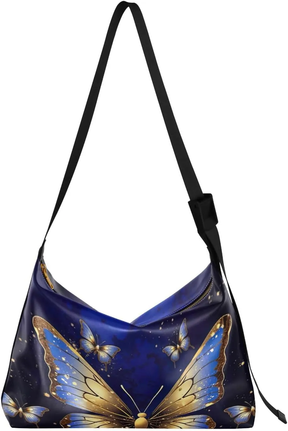 xigua Blue Gold Butterfly Shoulder Bag for Women Waterproof PU Leather Hobo Bags Crossbody Purse with Zipper Closure