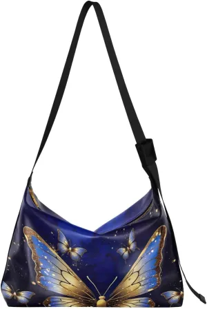 xigua Blue Gold Butterfly Shoulder Bag for Women Waterproof PU Leather Hobo Bags Crossbody Purse with Zipper Closure