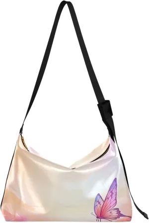 xigua Flowers Butterfly Pink Shoulder Bag for Women Waterproof PU Leather Hobo Bags Crossbody Purse with Zipper Closure