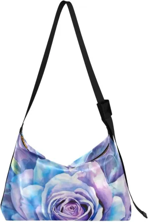 xigua Watercolor Rose Blue Shoulder Bag for Women Waterproof PU Leather Hobo Bags Crossbody Purse with Zipper Closure