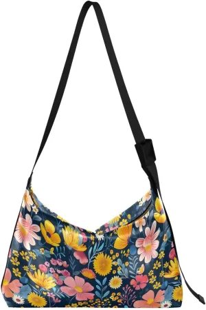 Yellow Pink Flowers Crossbody Bag for Women Men with Adjustable Strap PU Leather Shoulder Hobo Purse Bag 20858202