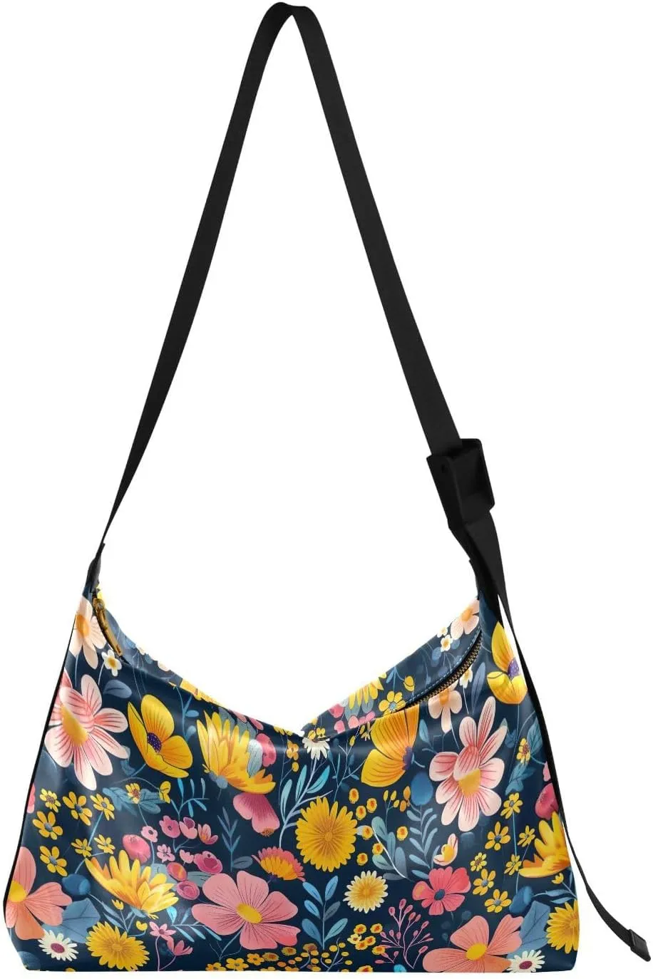 Yellow Pink Flowers Crossbody Bag for Women Men with Adjustable Strap PU Leather Shoulder Hobo Purse Bag 20858202